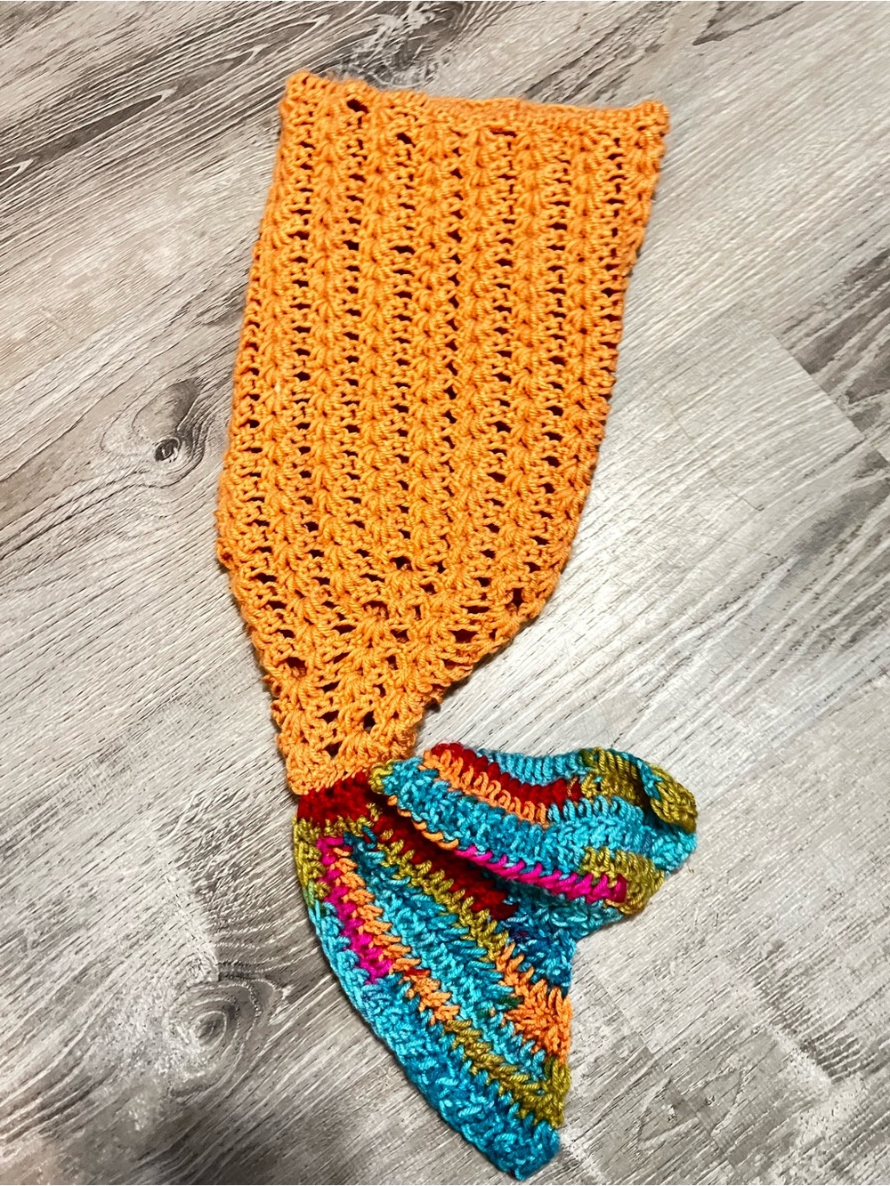 Handmade Crochet Mermaid Tail Blanket - Orange with Multicolor Fin